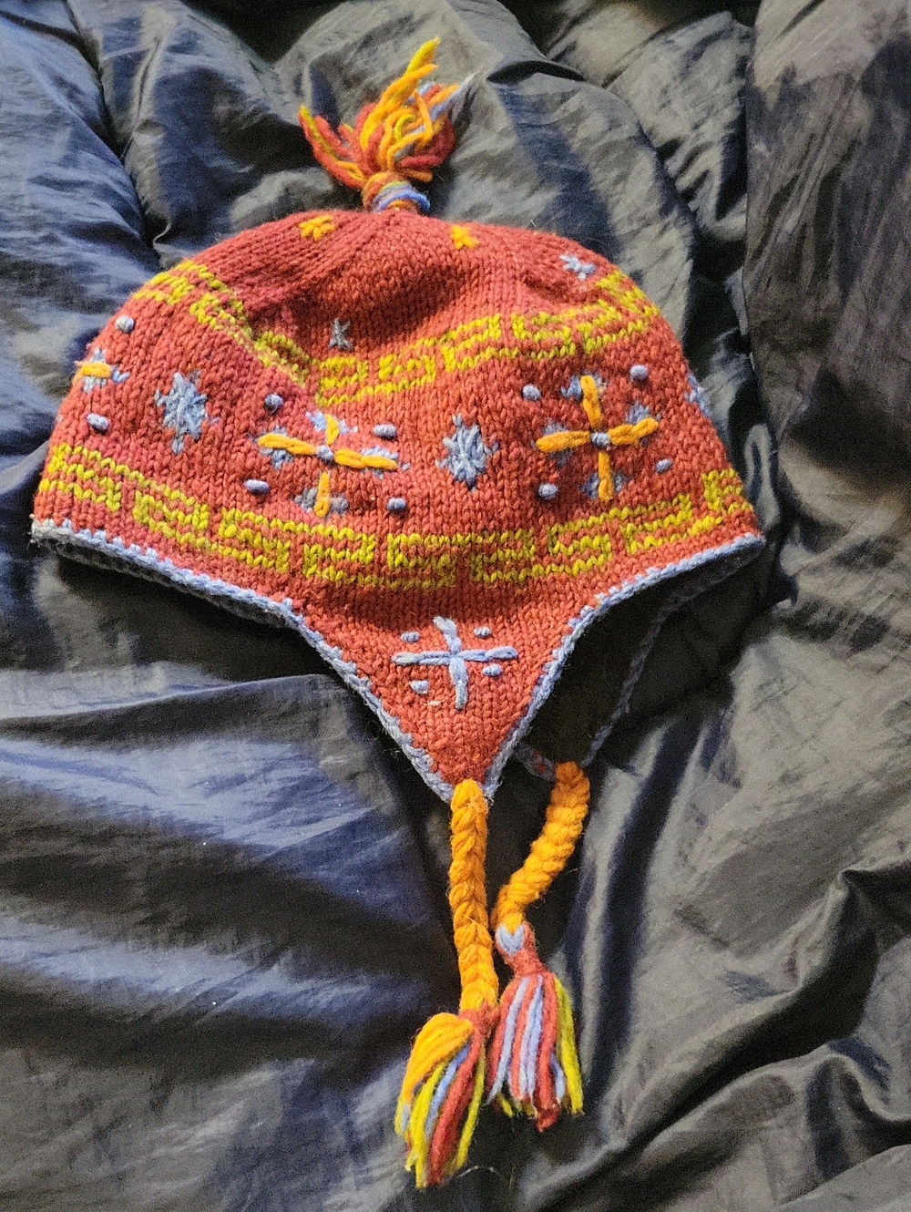 Nepal Hand-Knit Wool Hat Fleece Lining Rust Blue Green Vintage Y2K
